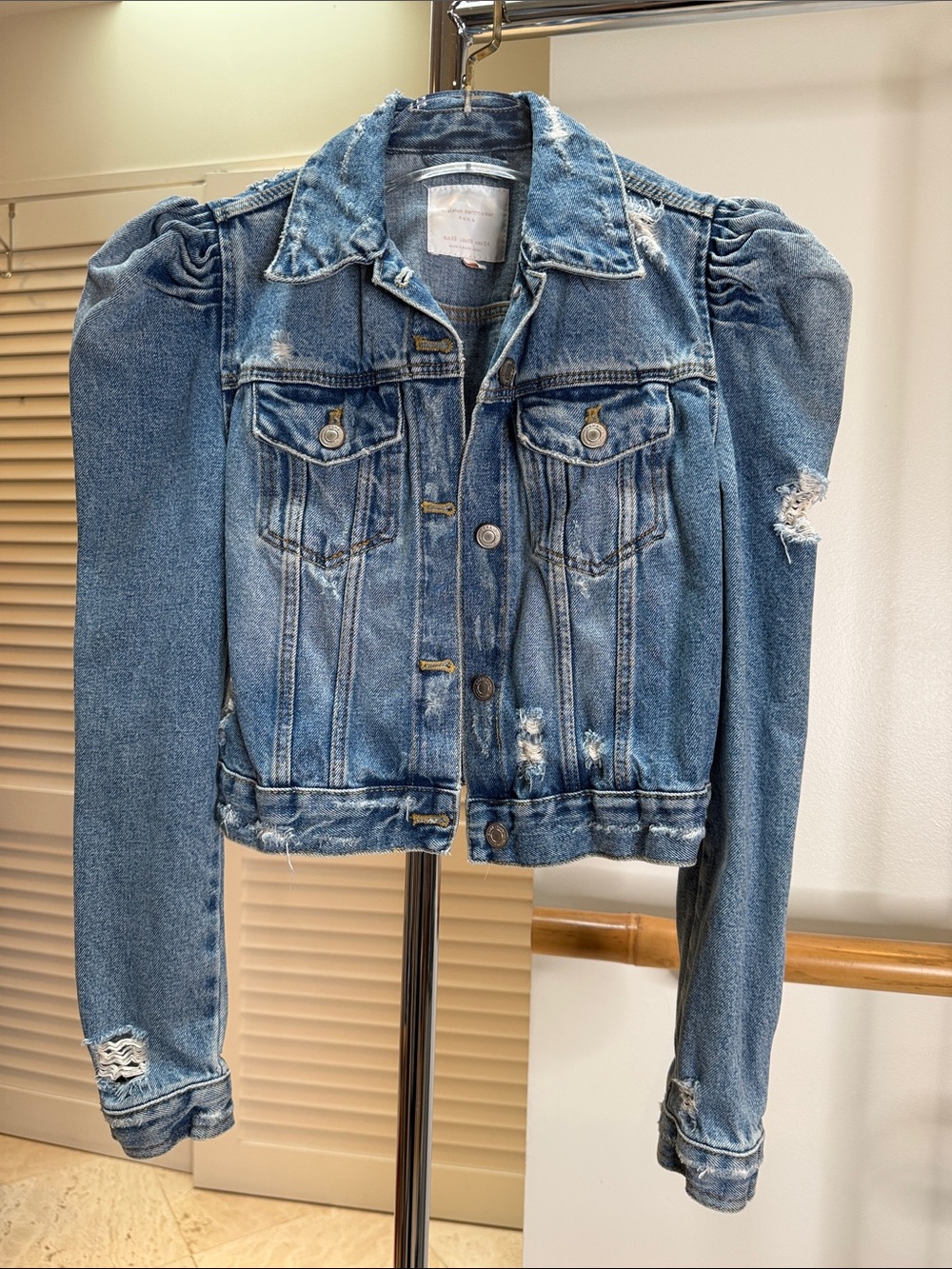 Zara Distressed Puff Sleeve Denim Jacket XS